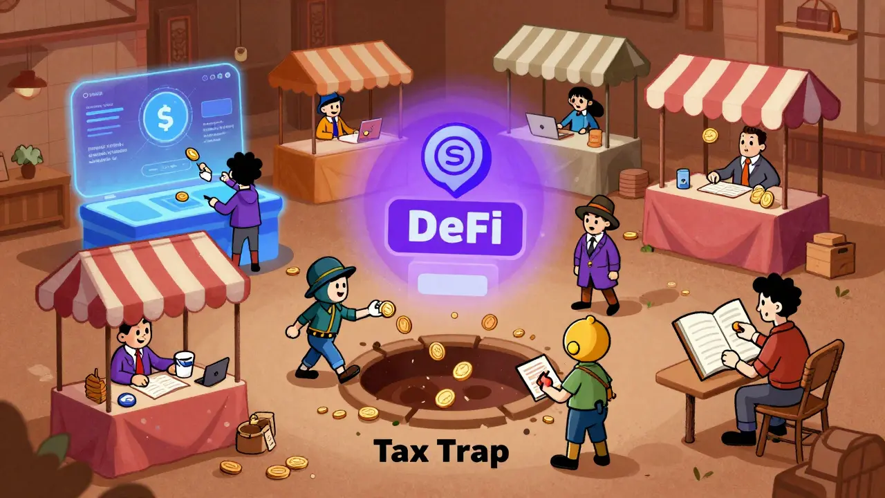 Cartoon characters navigating complex DeFi tax scenarios
