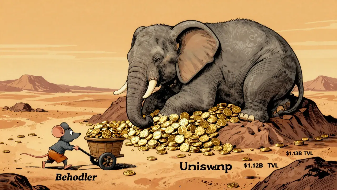 Cartoon comparing tiny Behodler protocol to giant Uniswap competitor