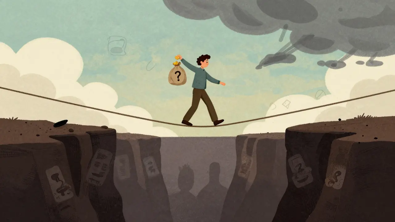 Cartoon figure balancing on tightrope over abyss representing risk