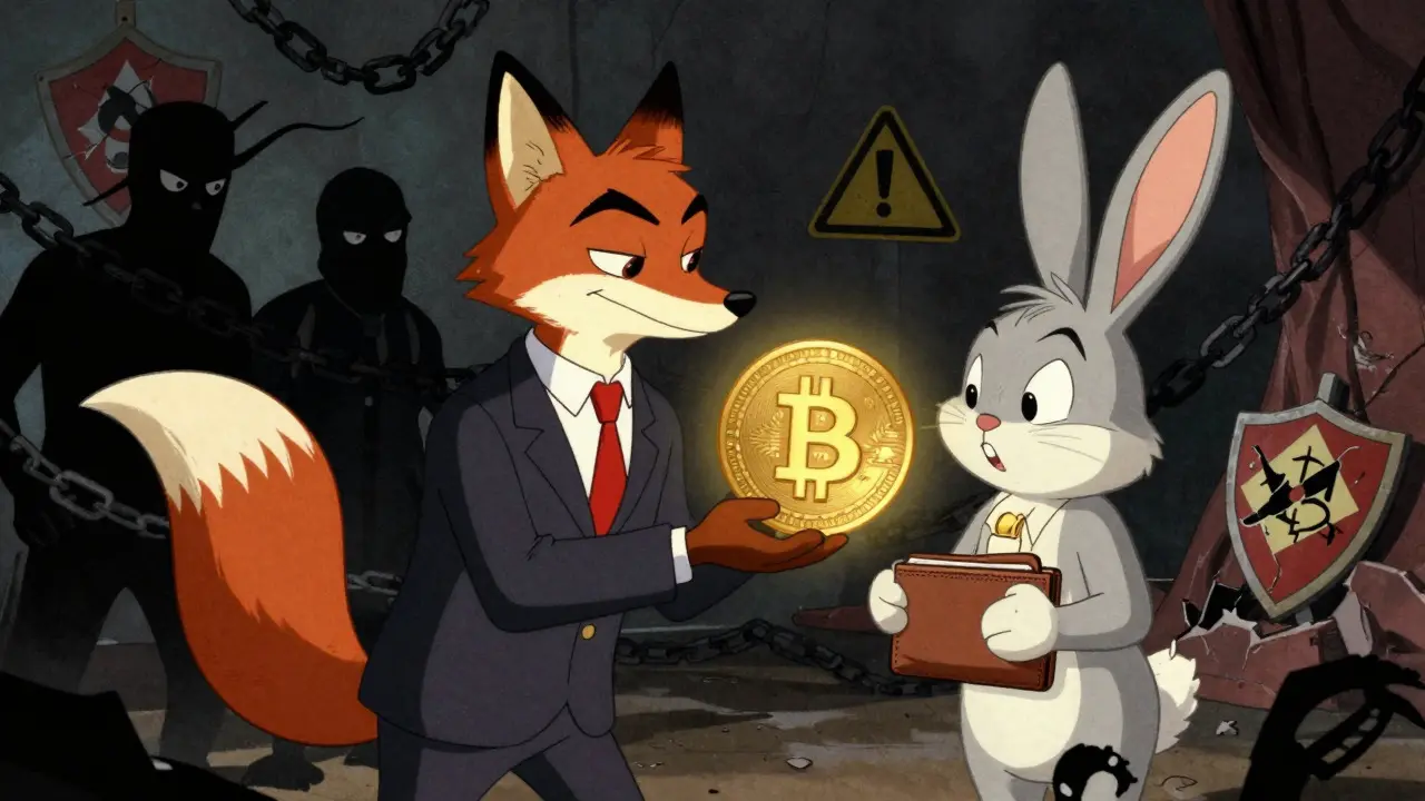 Cartoon fox scammer offering tokens to a skeptical rabbit in a shady alley