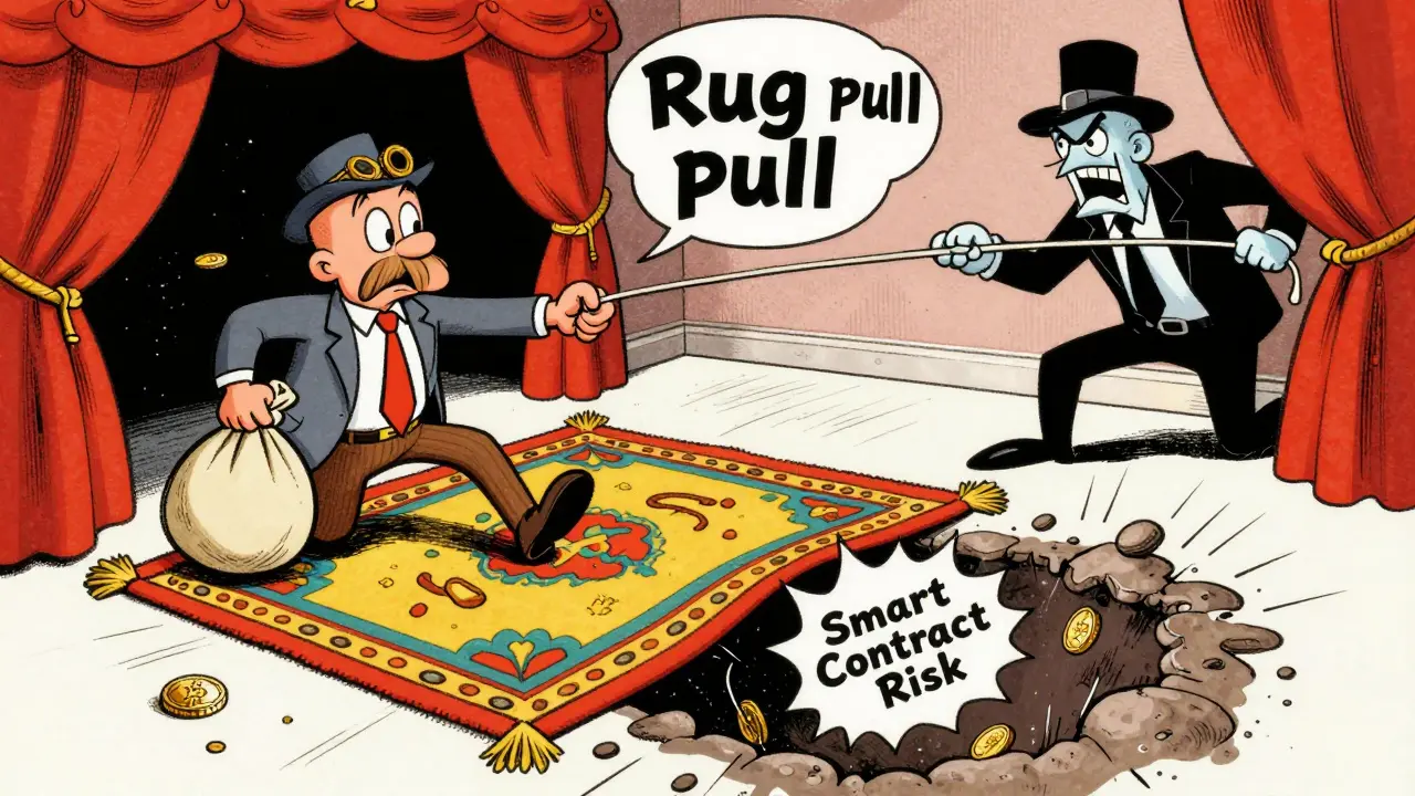 Cartoon investor falling into a rug pull scam trap with lost funds