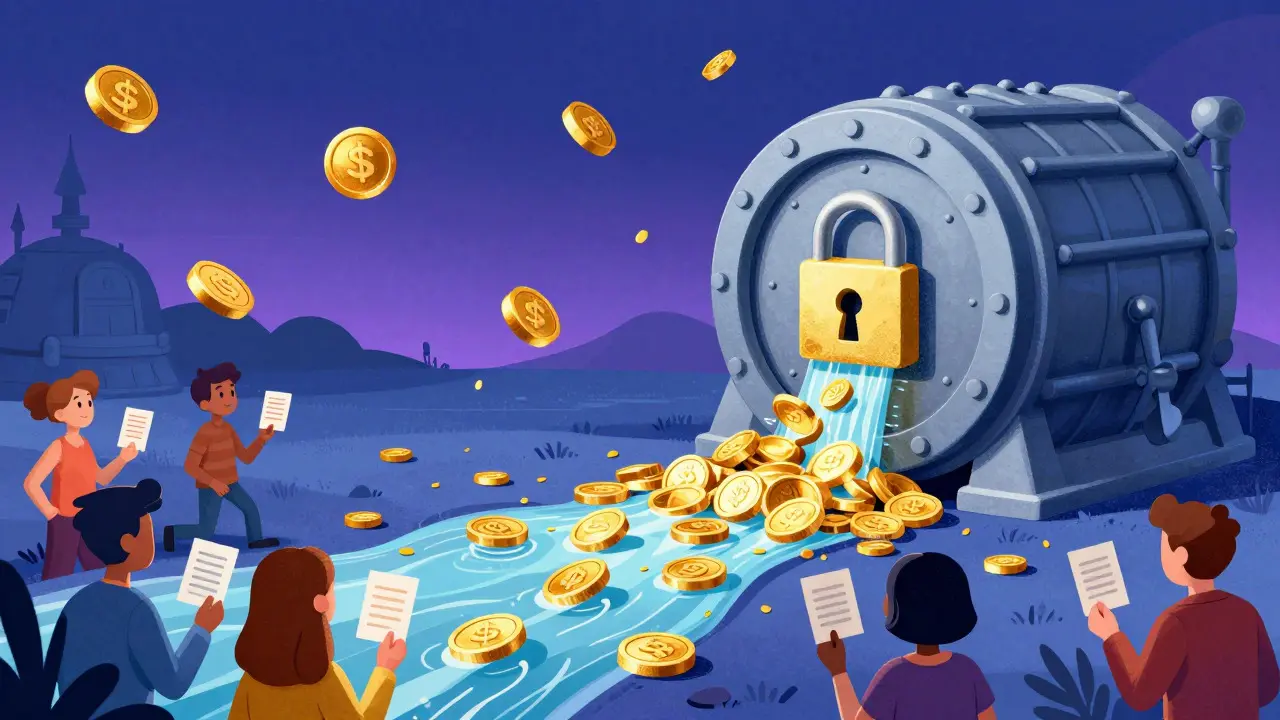 Cartoon streamer tokens flowing into a vault for staking