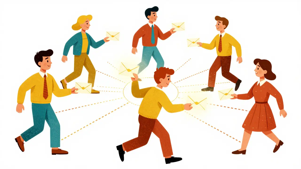 Chain reaction of people passing messages to peers in a network.