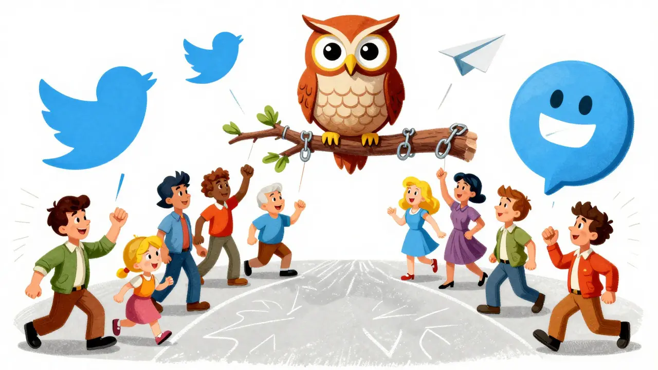 Characters engaging with social media icons leading to owl logo
