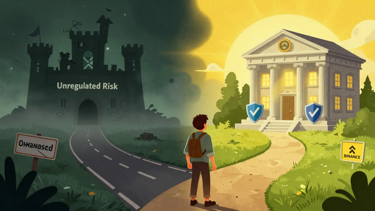 Crossroads choice between dark scam path and safe regulated bank
