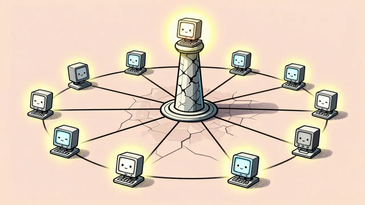 Decentralized network mesh remains active despite one node failing.