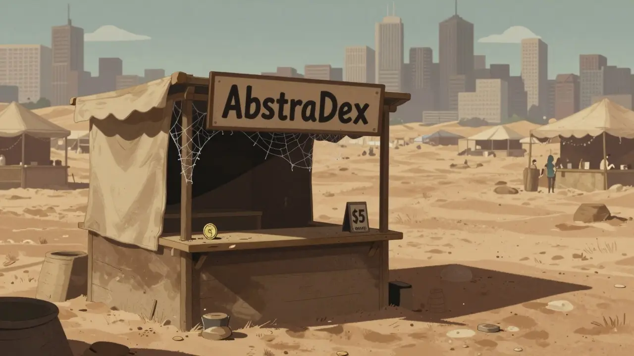 Empty, abandoned trading booth representing low volume on AbstraDex