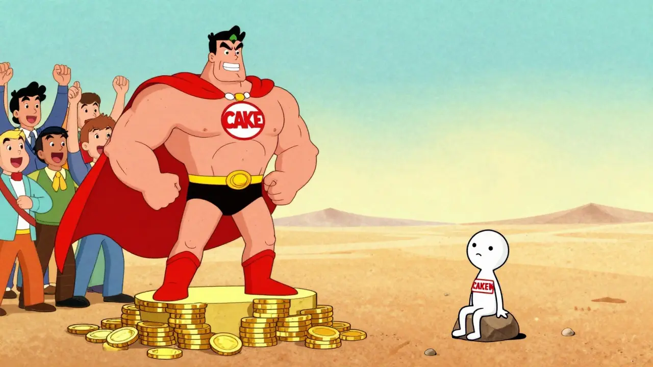 Huge CAKE superhero vs tiny CAKEW figure on a pebble, showing market disparity.
