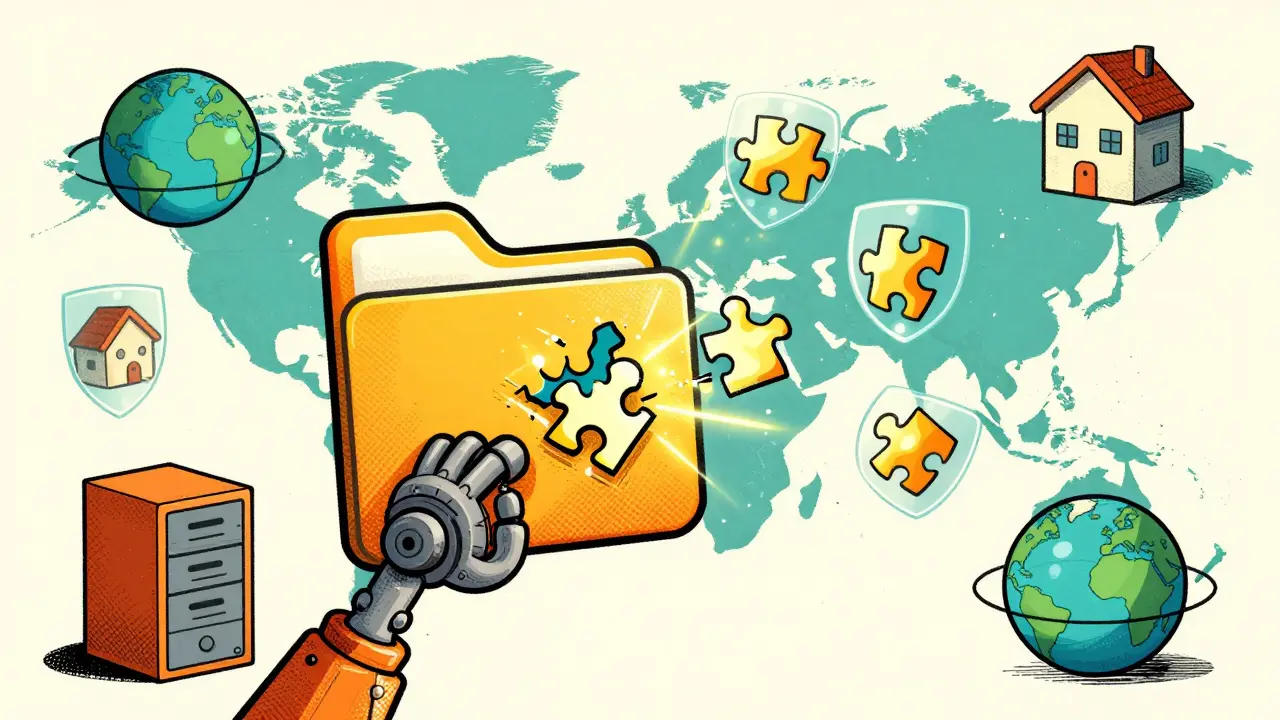 Illustration of encrypted data shards distributed globally