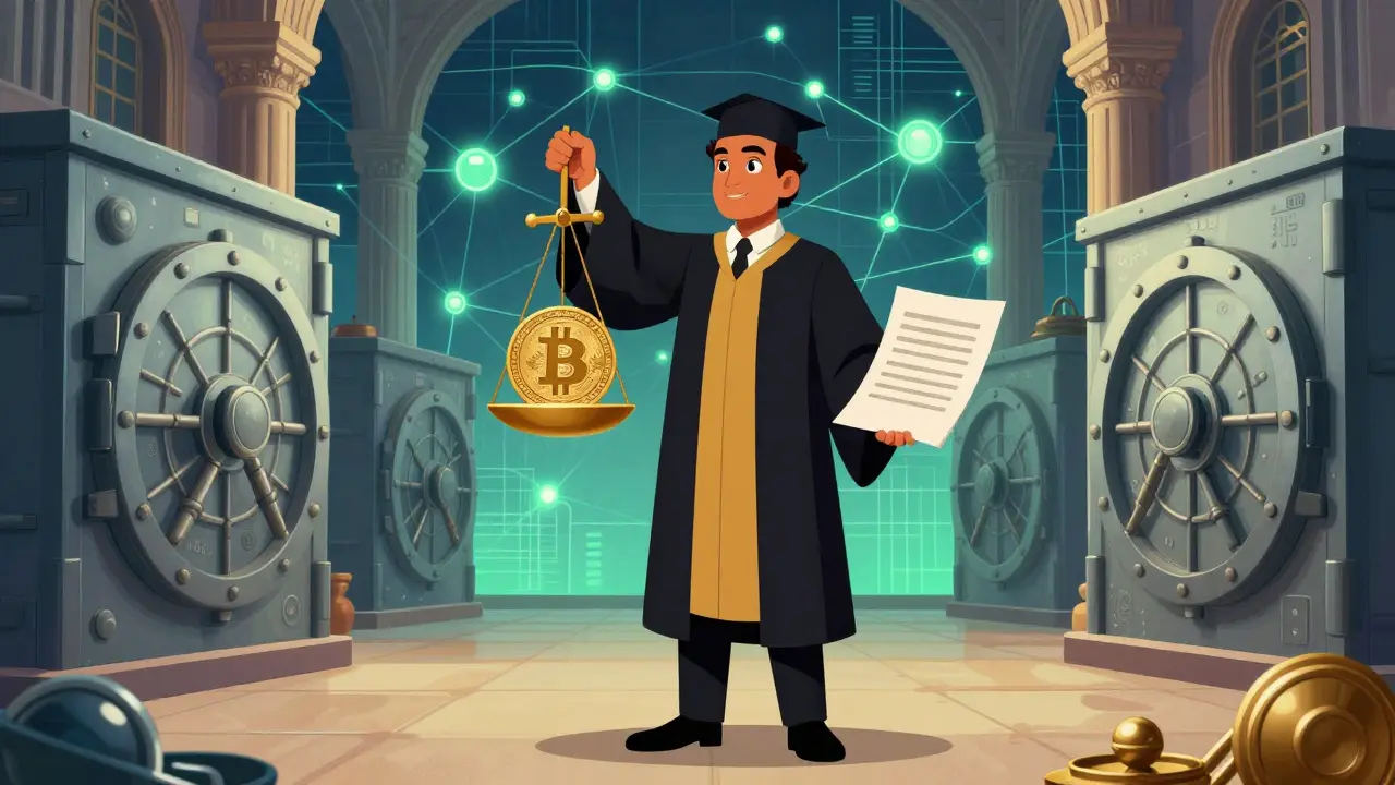 Illustration of judge balancing crypto and law in digital age