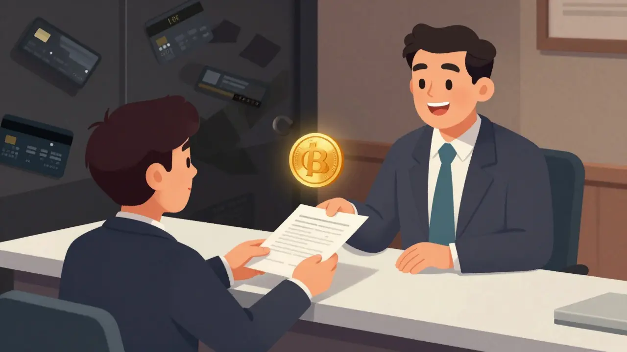 Illustration of safe bank transfer vs risky crypto shadows