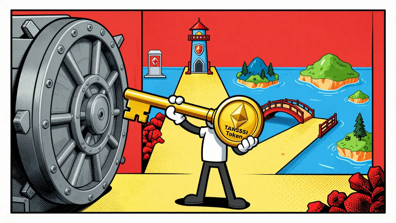 Illustration of TANSSI token unlocking governance, staking, and bridging features