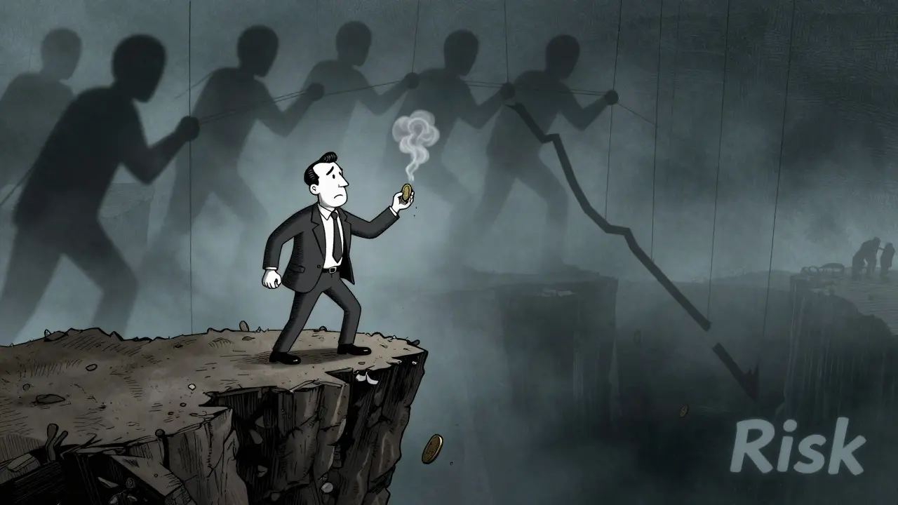 Investor on crumbling cliff edge with dissolving coin, vintage cartoon