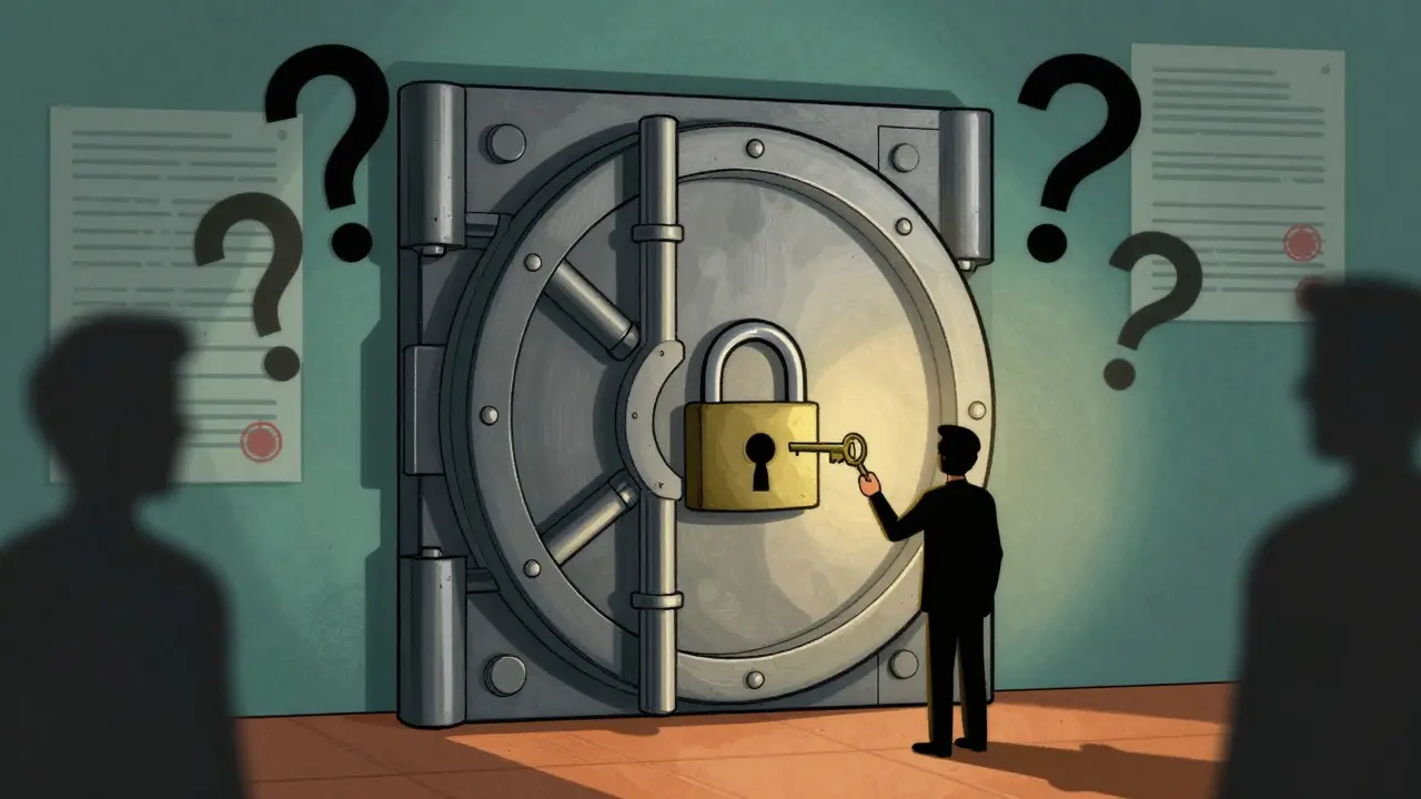 Locked vault with question marks symbolizing crypto security opacity