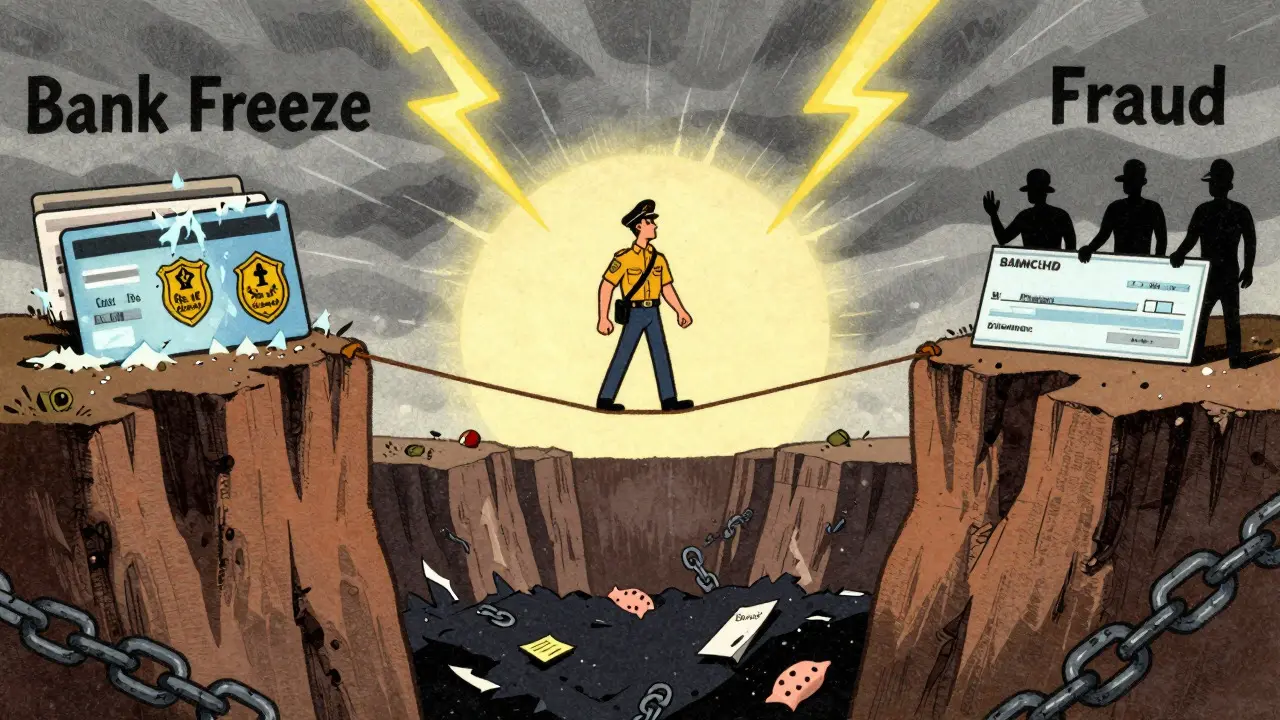 Man walking tightrope between bank freeze and fraud risks