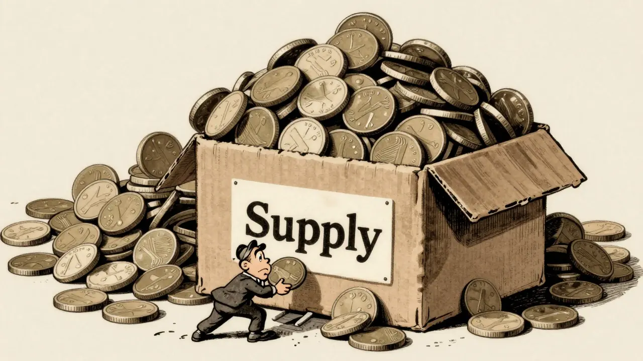 Overflowing pile of worthless coins spilling from a small box, vintage cartoon