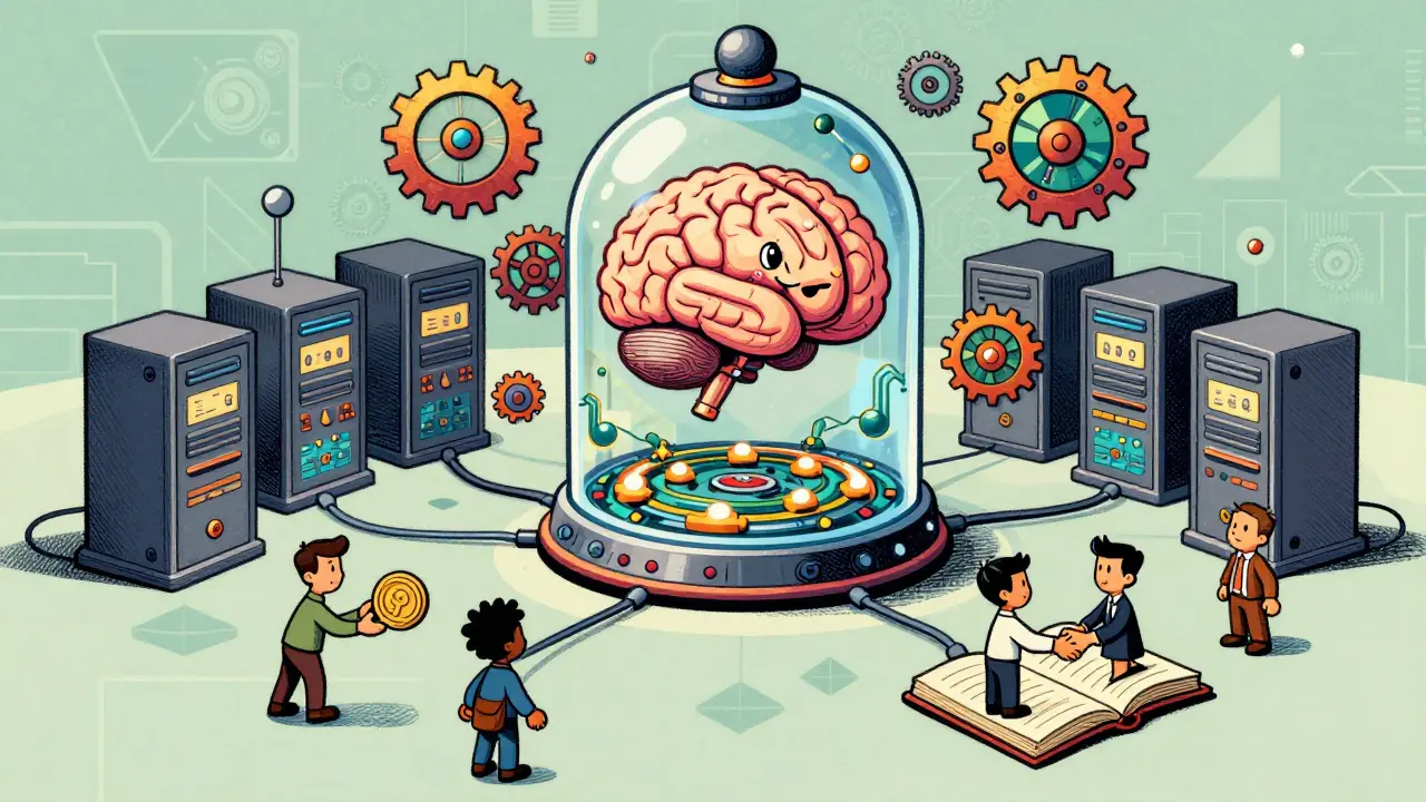 Retro cartoon of AI brain connected to decentralized nodes