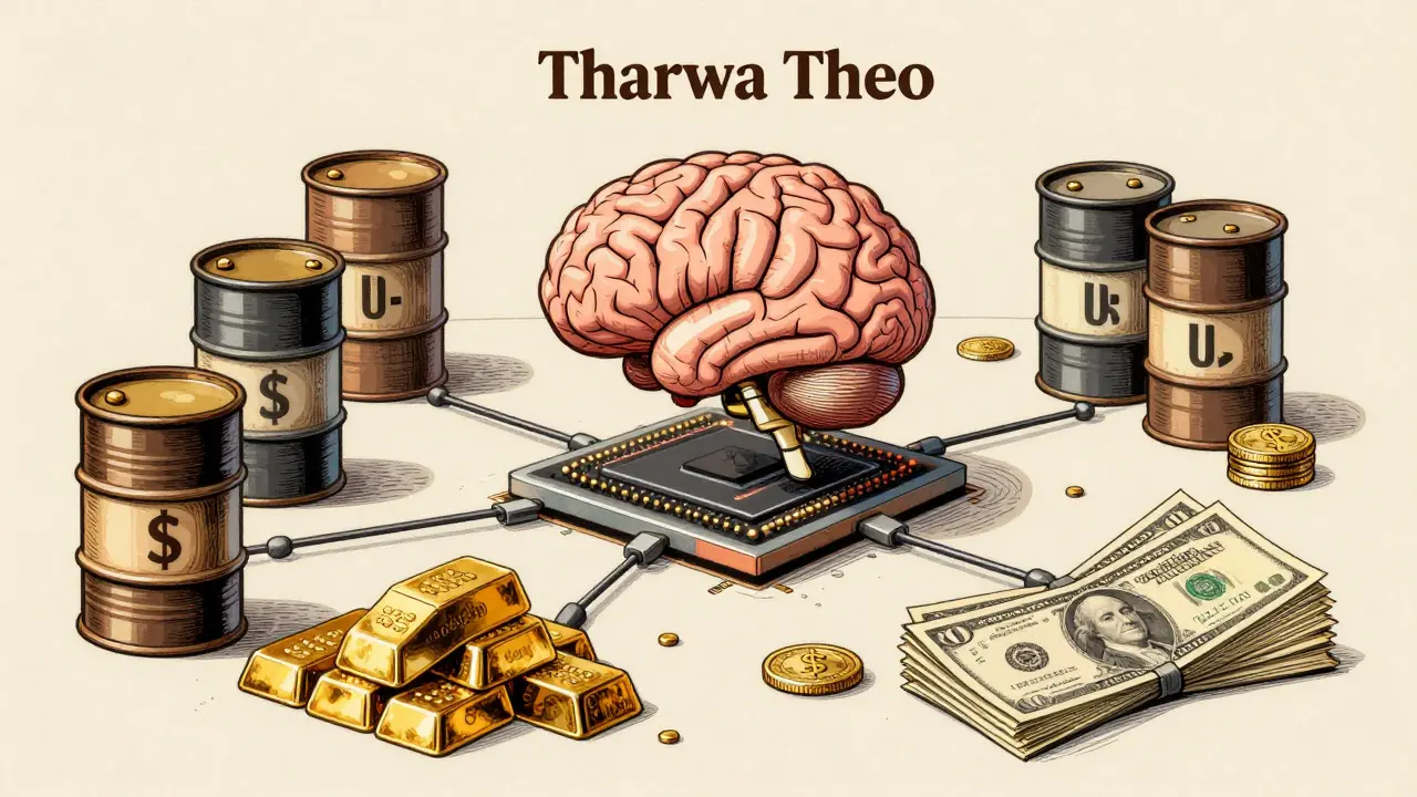 Retro illustration of AI managing gold and real estate assets for Tharwa thUSD yield.