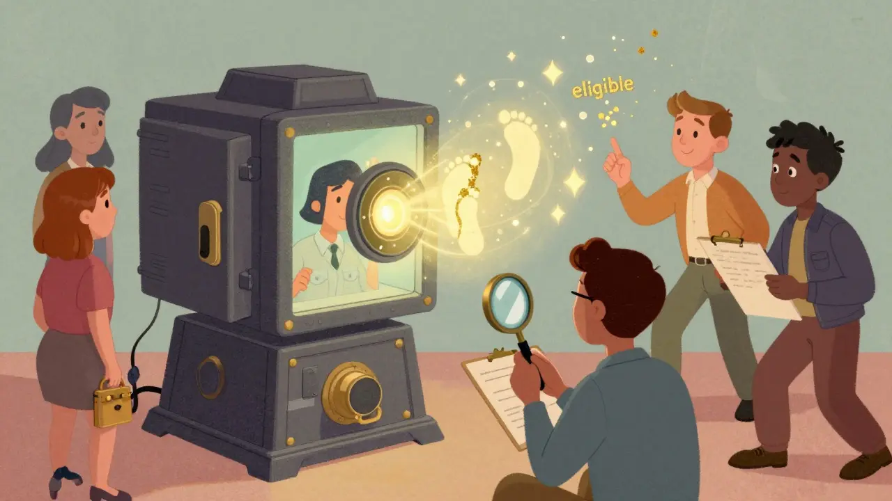 Retro illustration of users checking eligibility via a magical snapshot machine