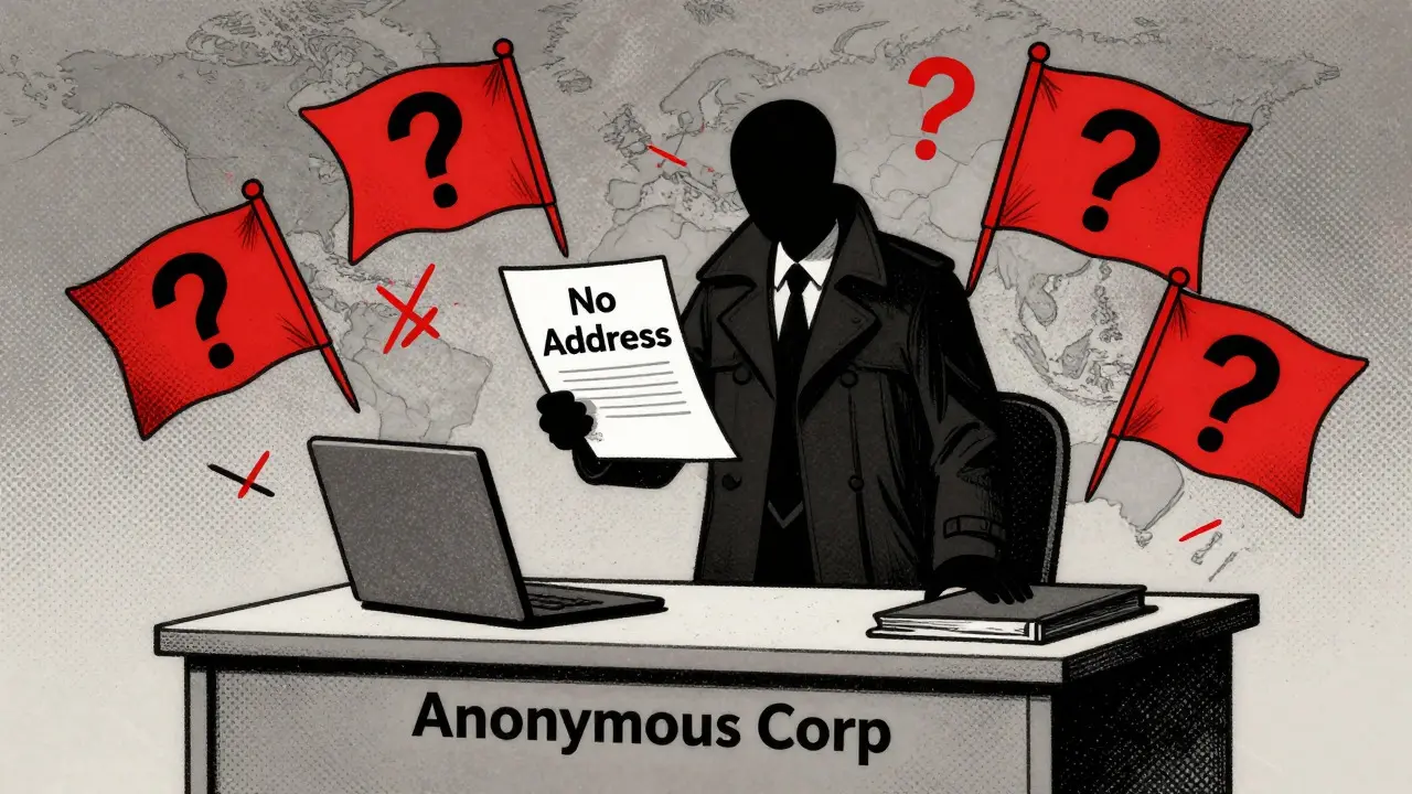 Shadowy figure hiding corporate details and red flags