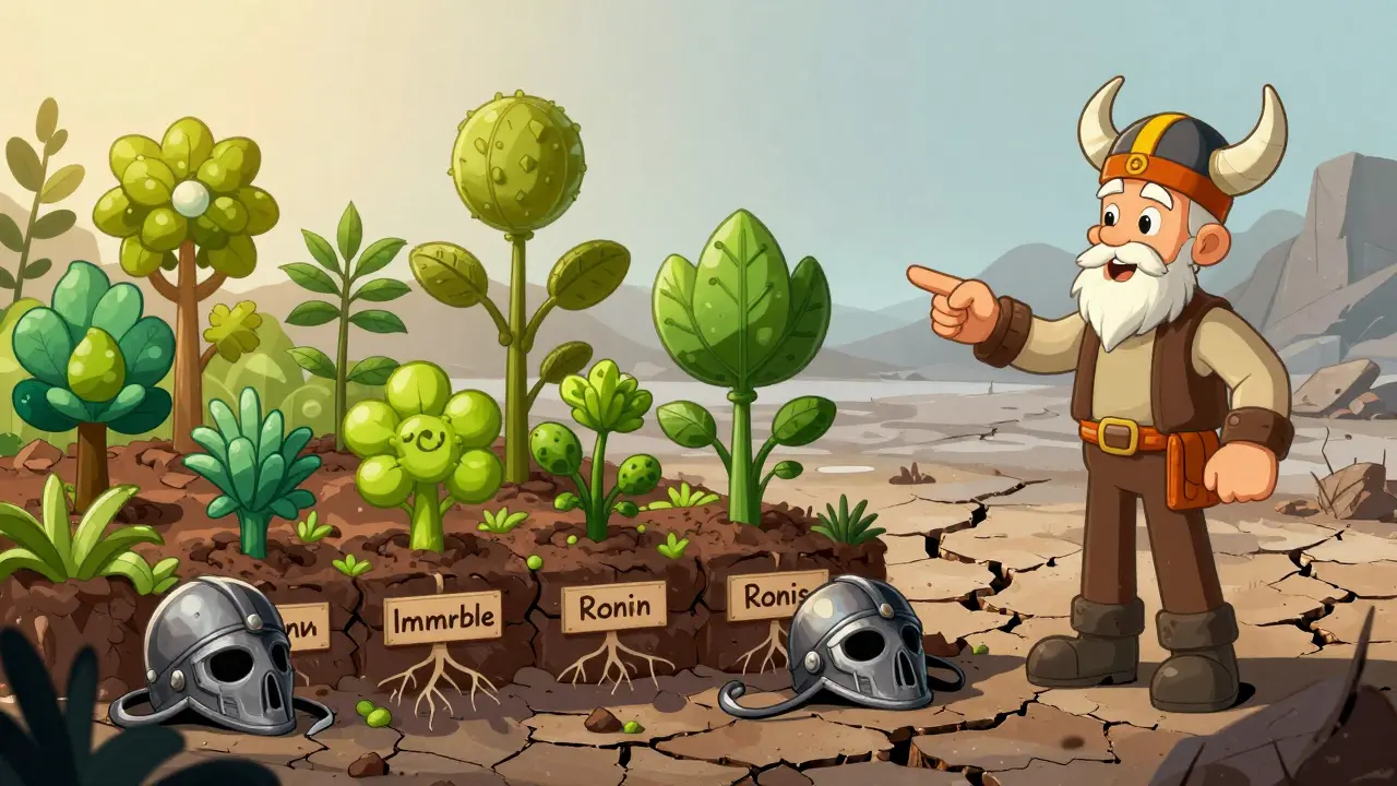 Thriving crypto garden next to abandoned Viking helmet