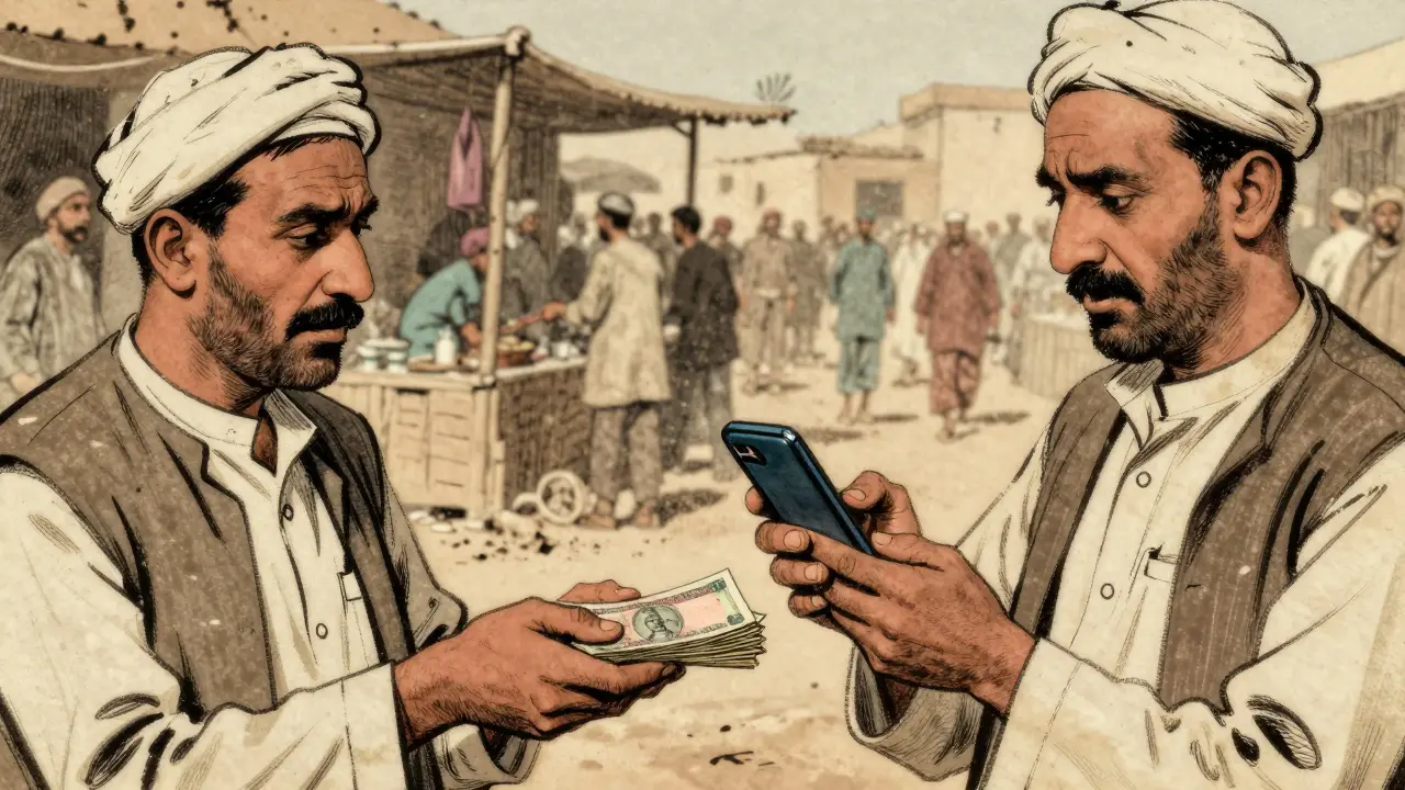 Two traders exchanging cash and crypto in a busy market stall