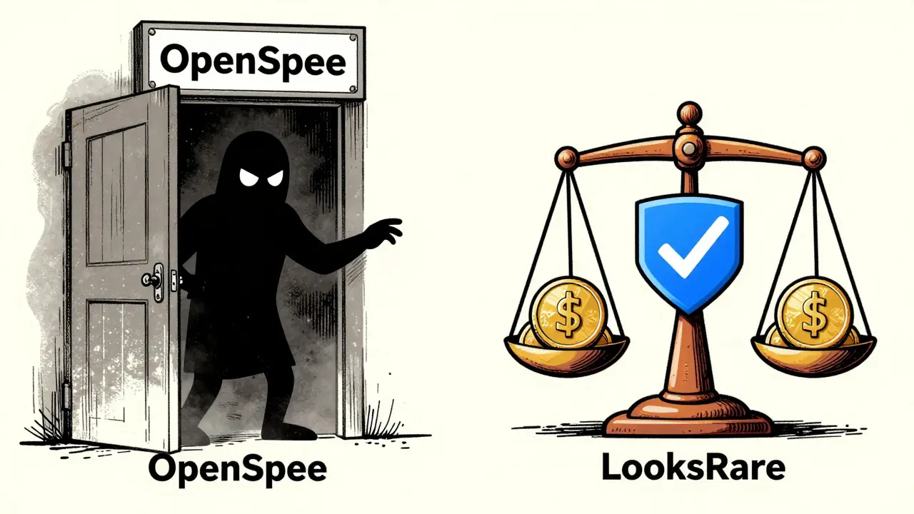 Vintage cartoon comparing NFT verification methods