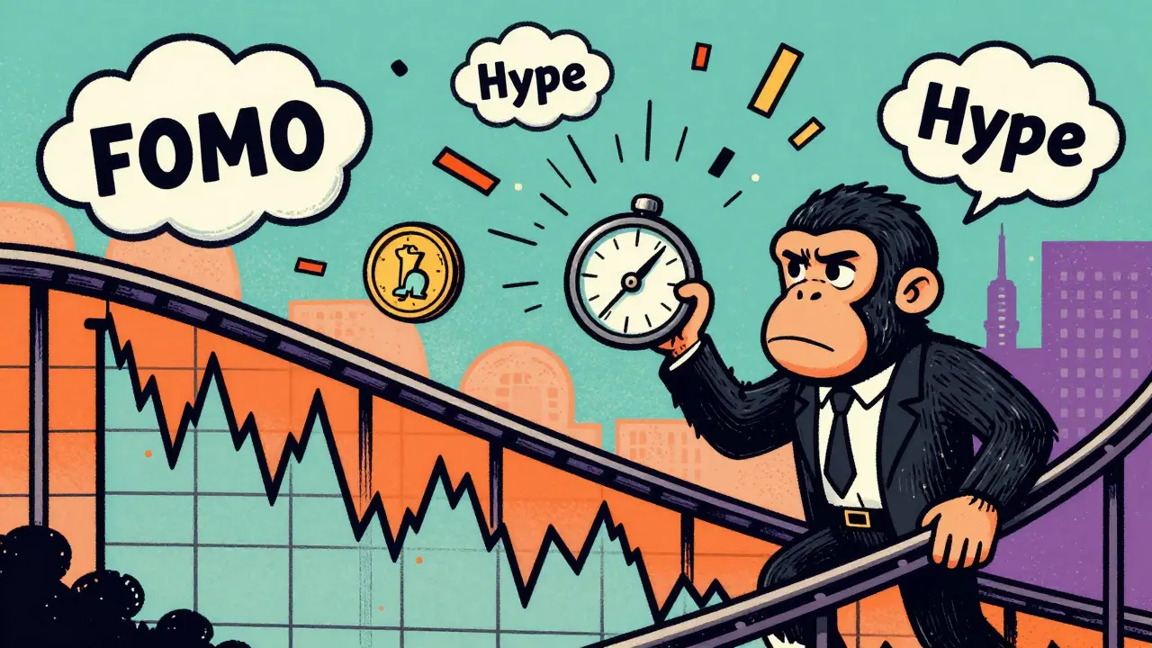 Vintage cartoon of ape on volatile crypto chart rollercoaster
