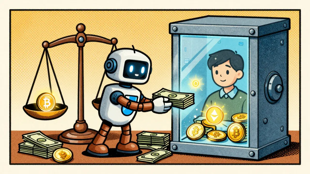 Vintage cartoon of crypto collateral being exchanged for thUSD stablecoins via a vault.