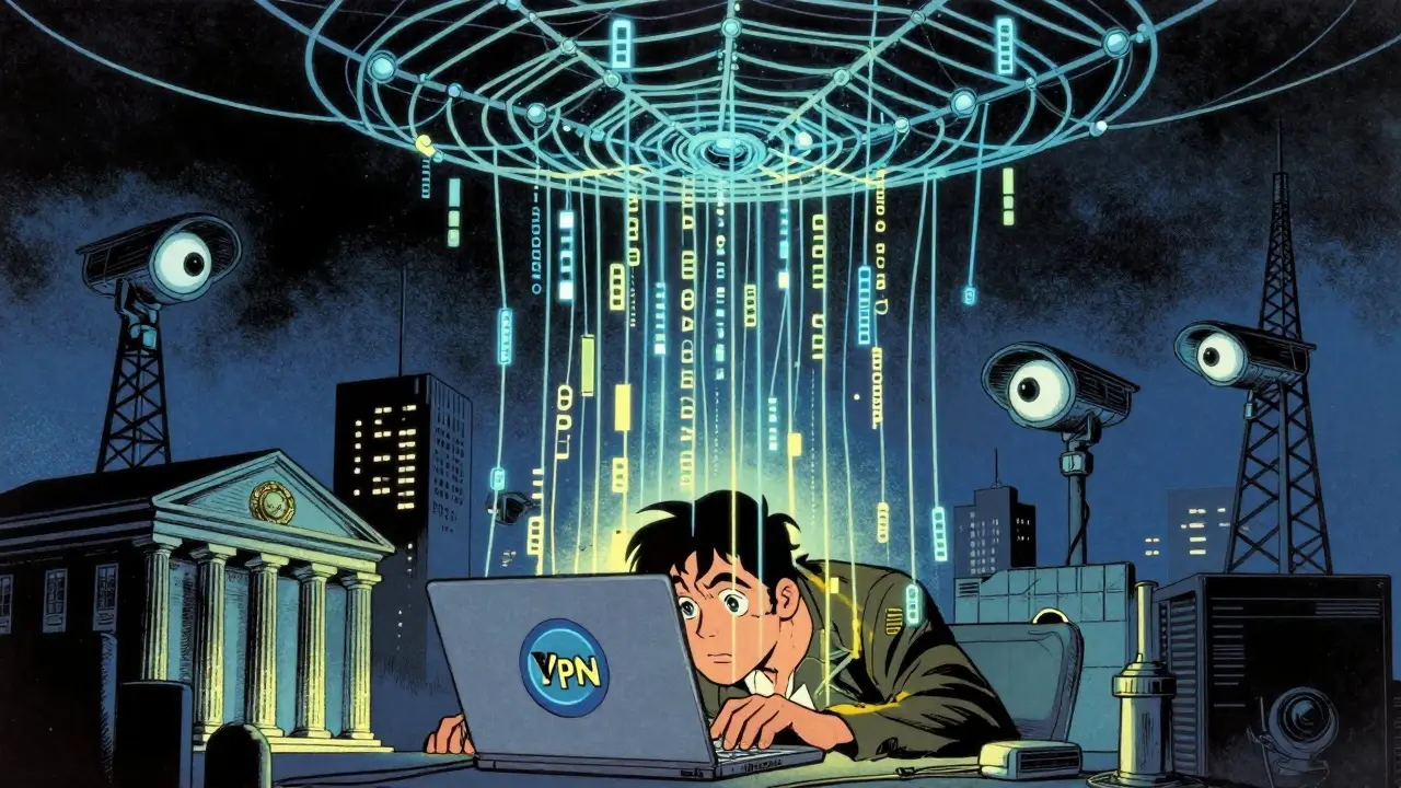 Vintage cartoon of digital surveillance net catching user