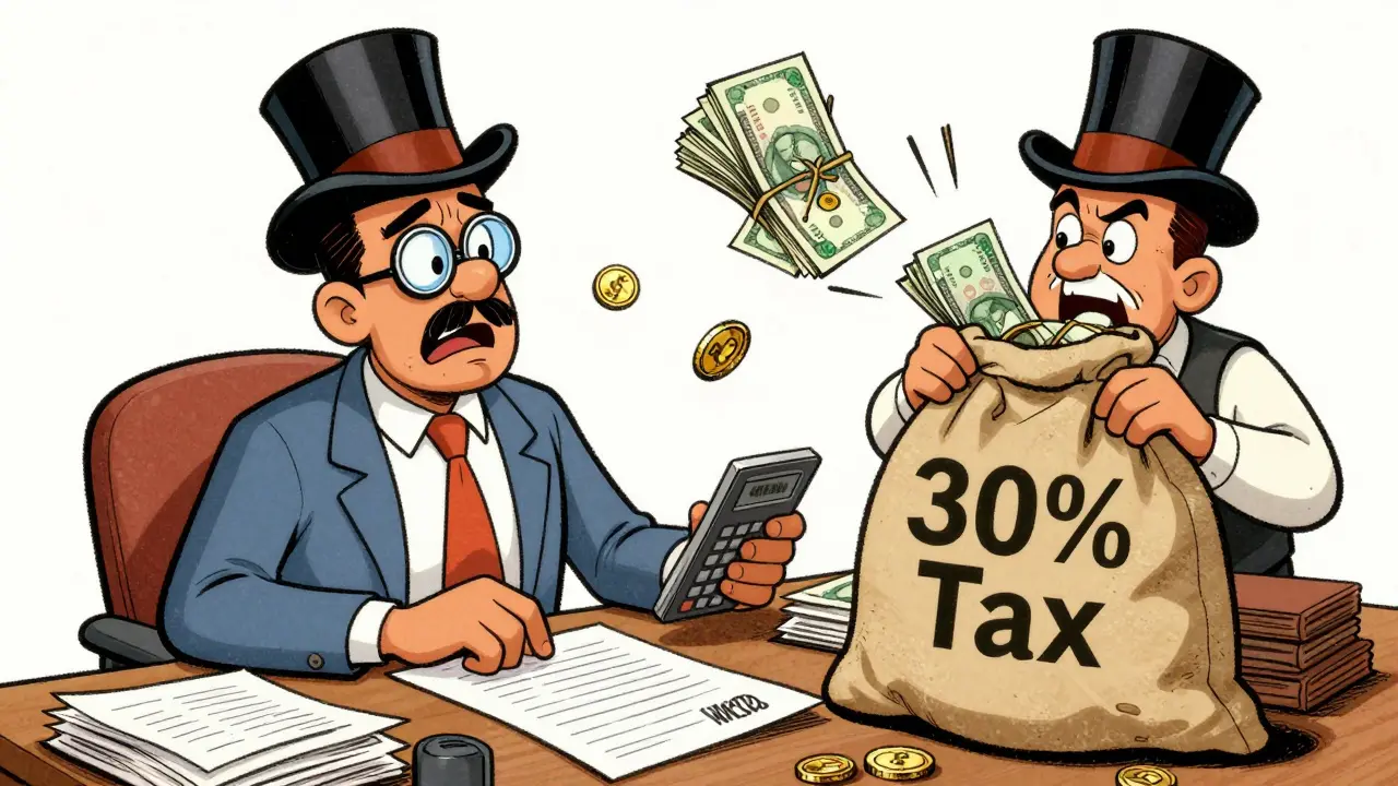 Vintage cartoon of investor paying heavy crypto taxes to tax man