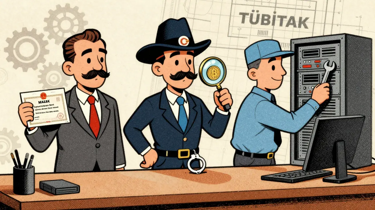 Vintage cartoon of three regulators overseeing Turkish crypto market
