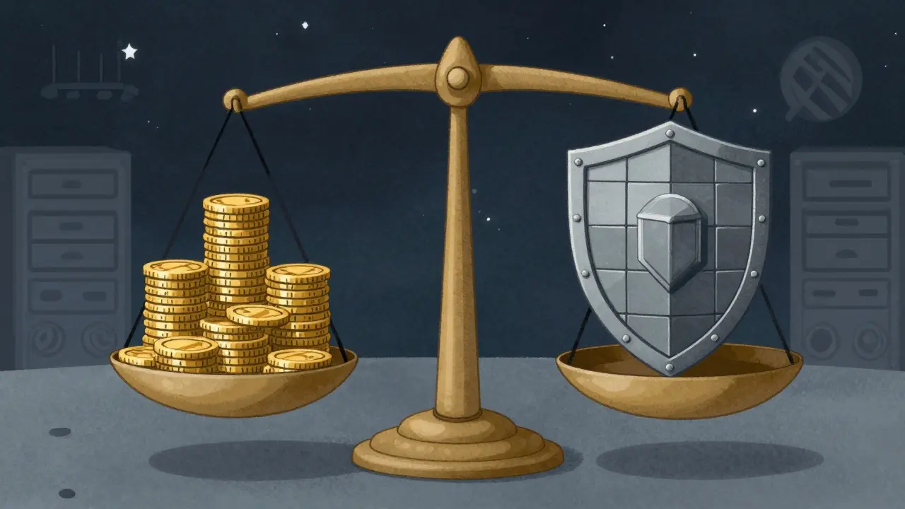 Vintage cartoon showing investment risks vs blockchain security balance