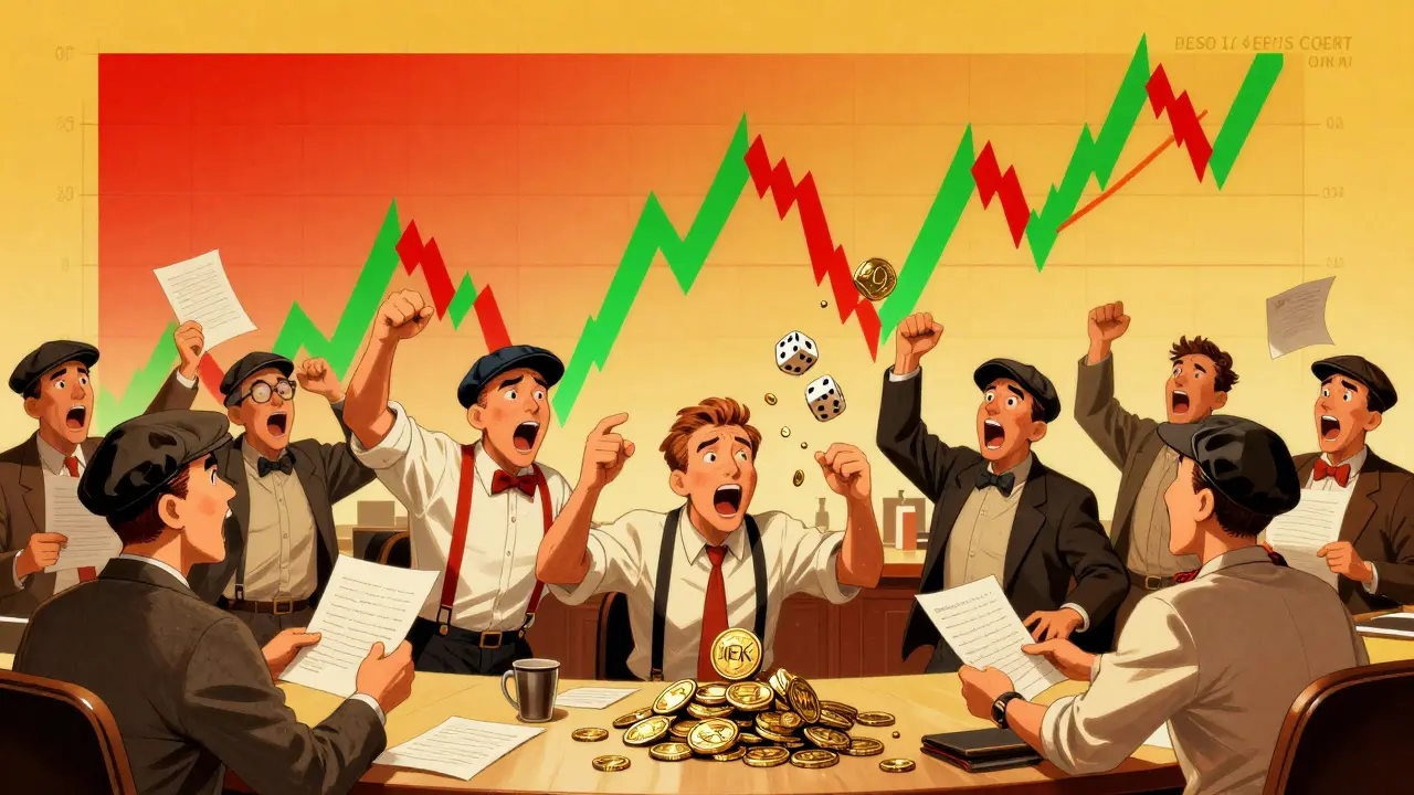 Vintage cartoon traders gambling on volatile KEK coin prices