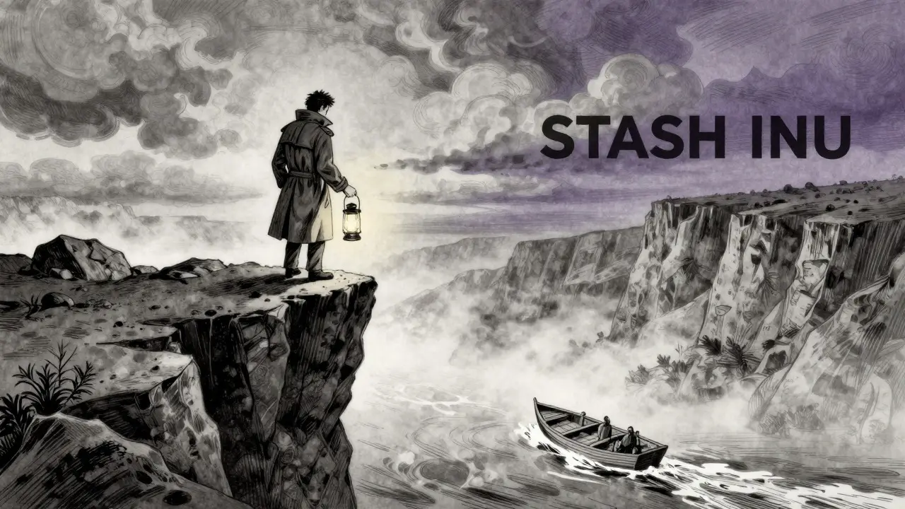 A lone cartoon detective on a cliff overlooking a turbulent sea, symbolizing risk