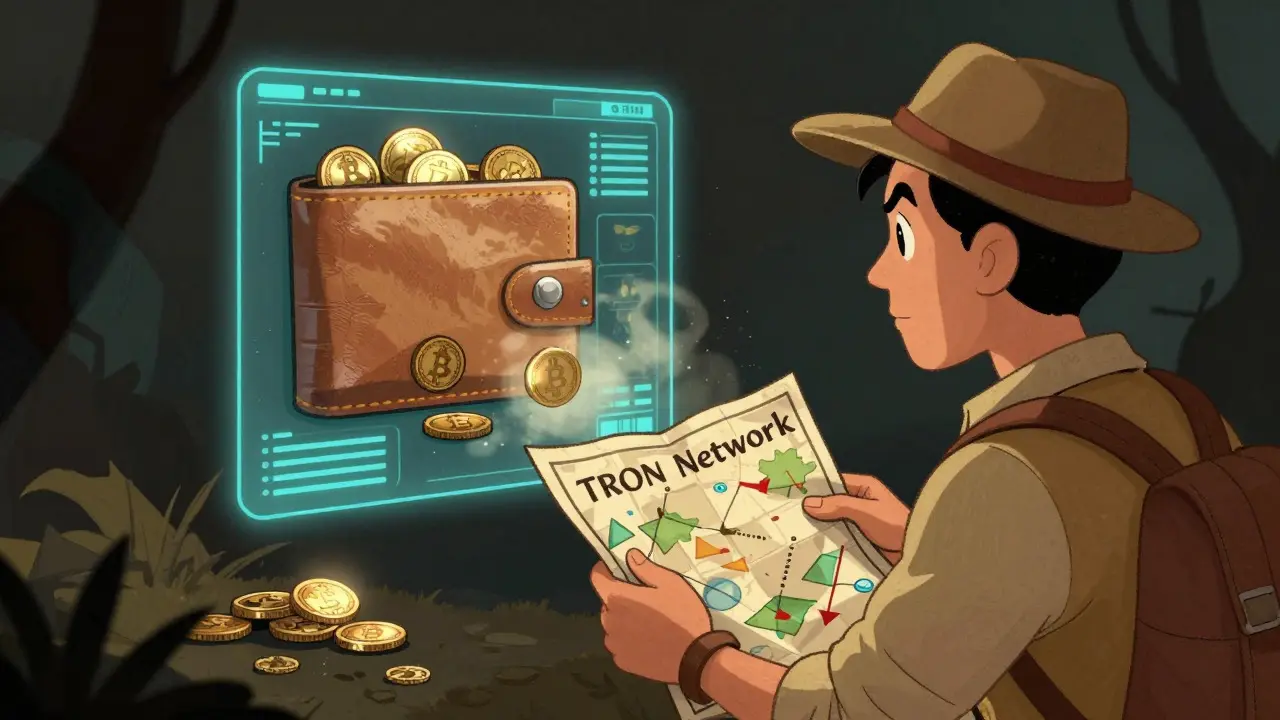 Adventurer checking crypto wallet with fading coins