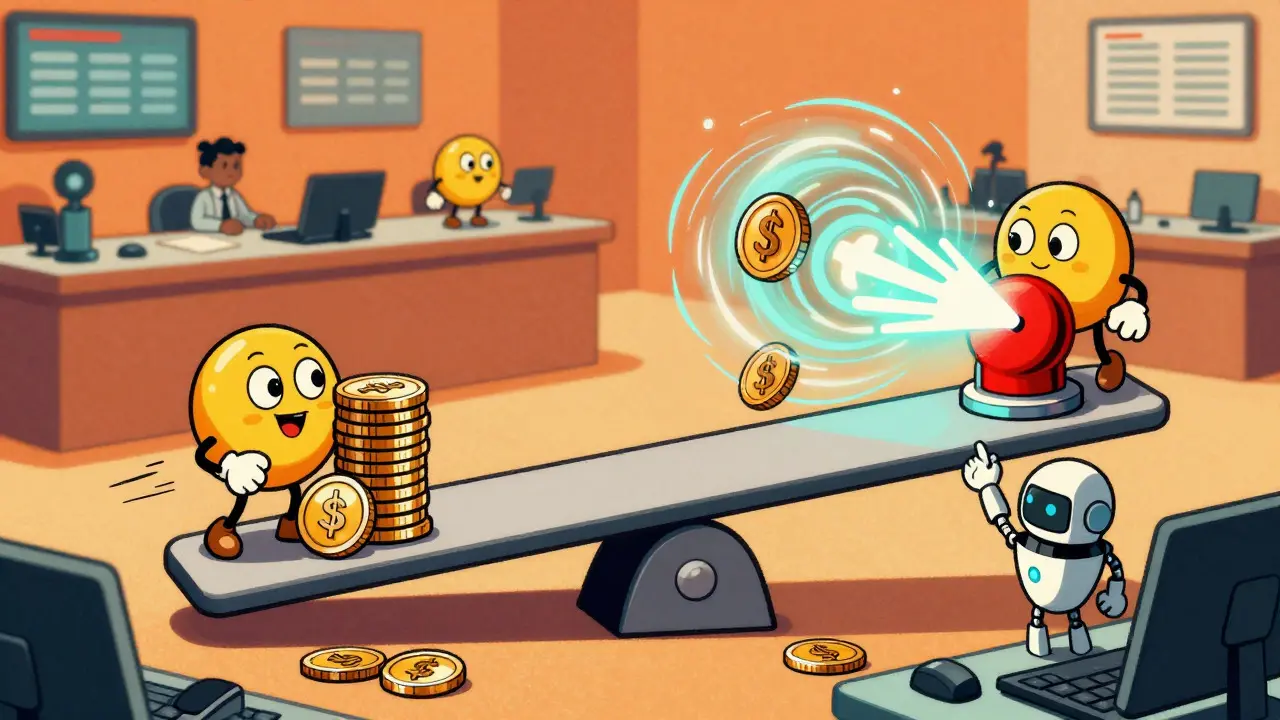 Animated coins swapping on a seesaw with a robot pressing a button