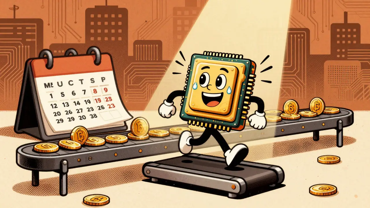 Anthropomorphic GPU running on a treadmill producing gold coins