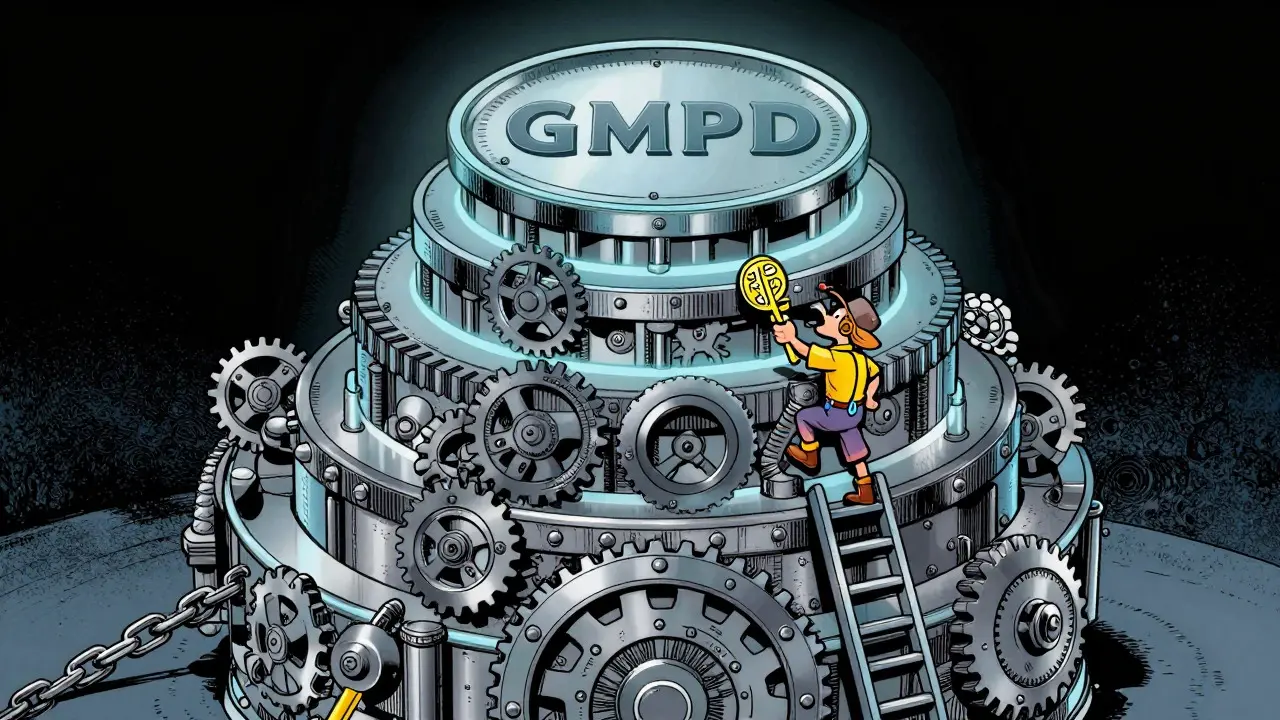 Cartoon adventurer climbing a mechanical vault structure with a golden key