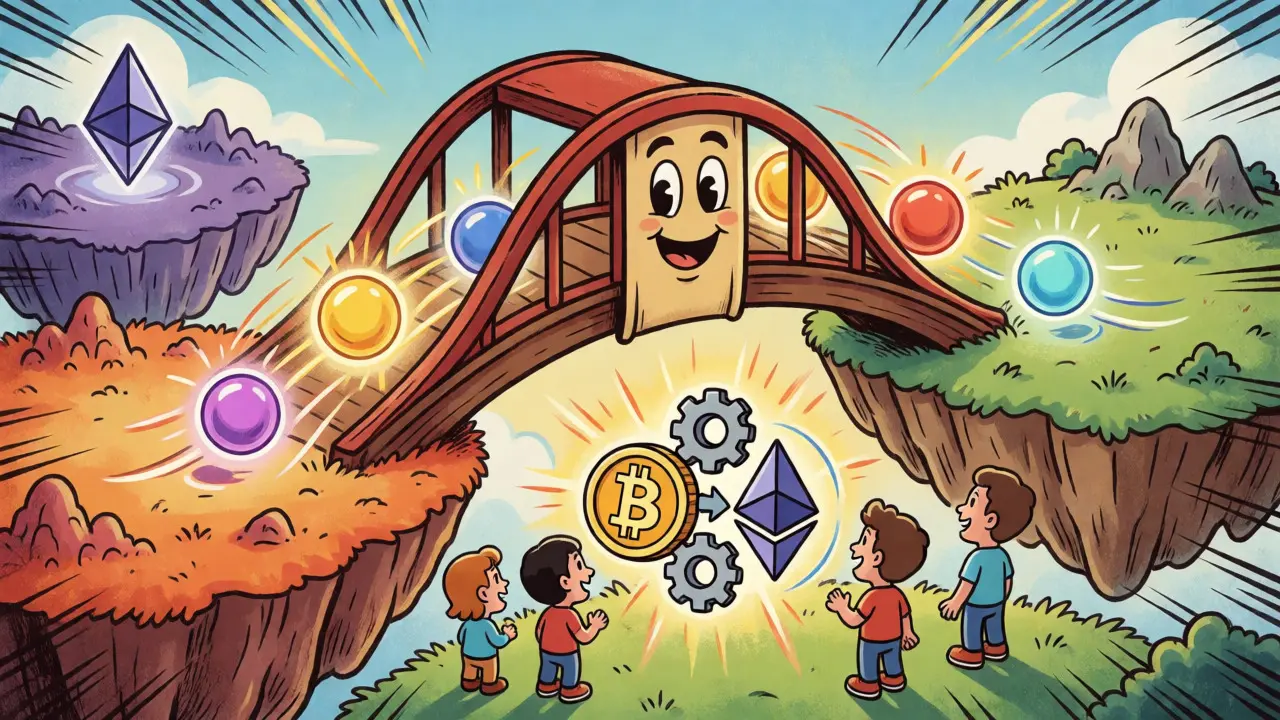 Cartoon bridge connecting blockchain islands for seamless asset swaps