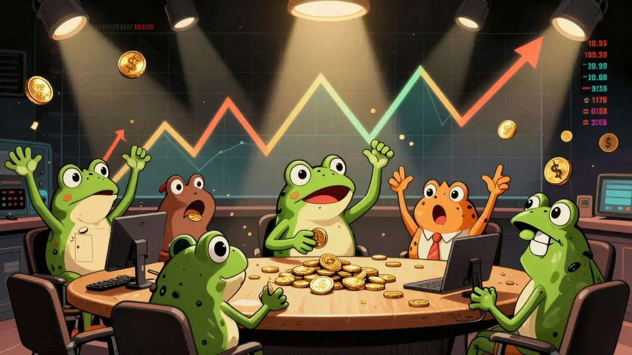 Cartoon characters trading coins near a volatile stock chart in a vintage style