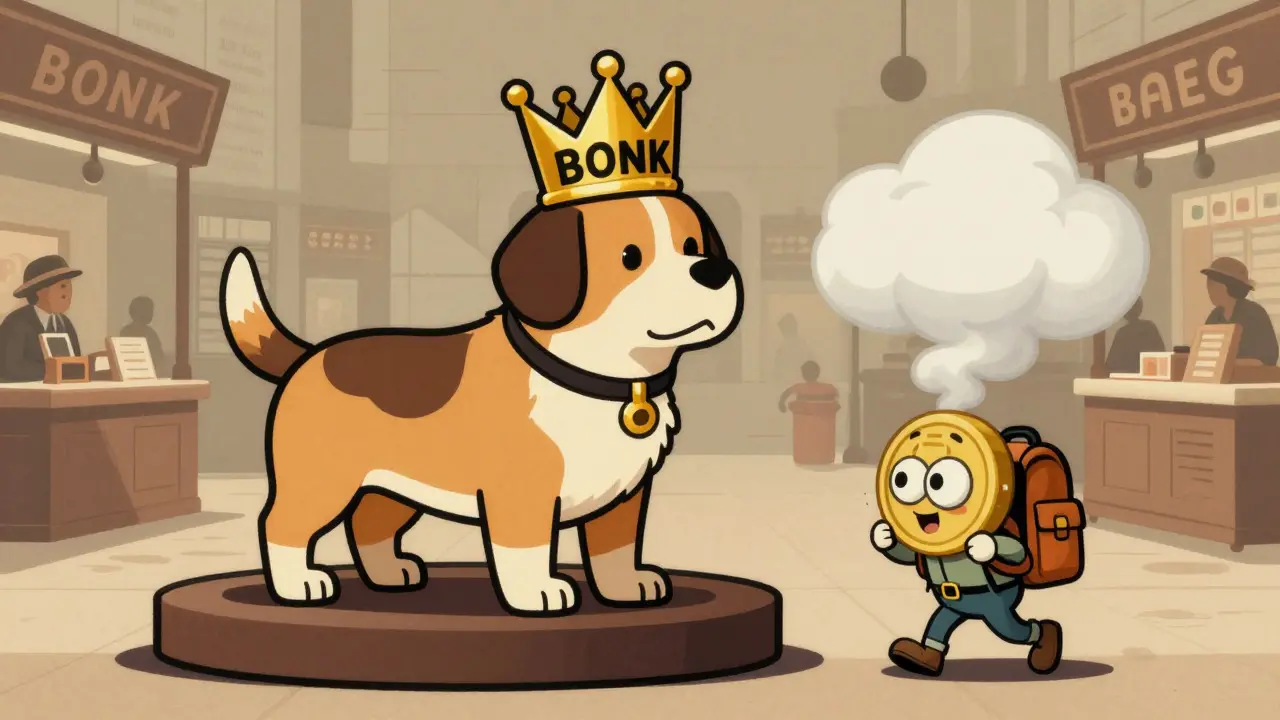 Cartoon comparison of a large crowned dog and a small backpack character.