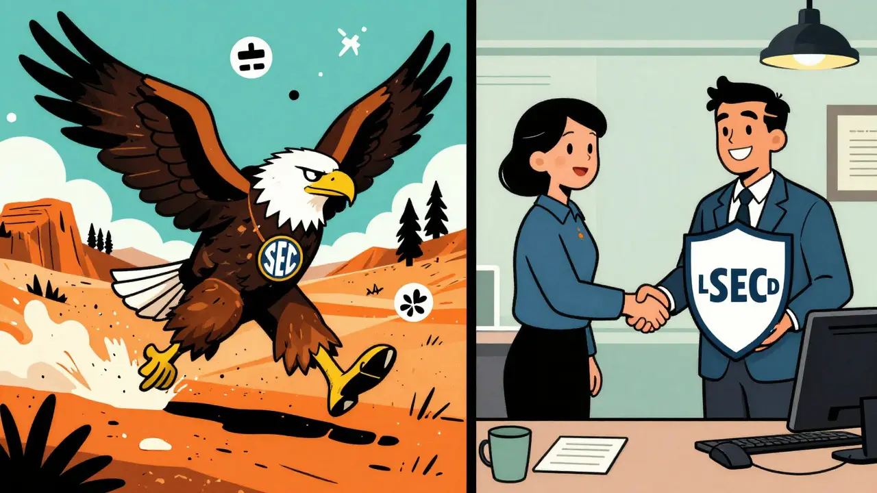 Cartoon eagle chasing unlicensed exchanges vs safe licensed office