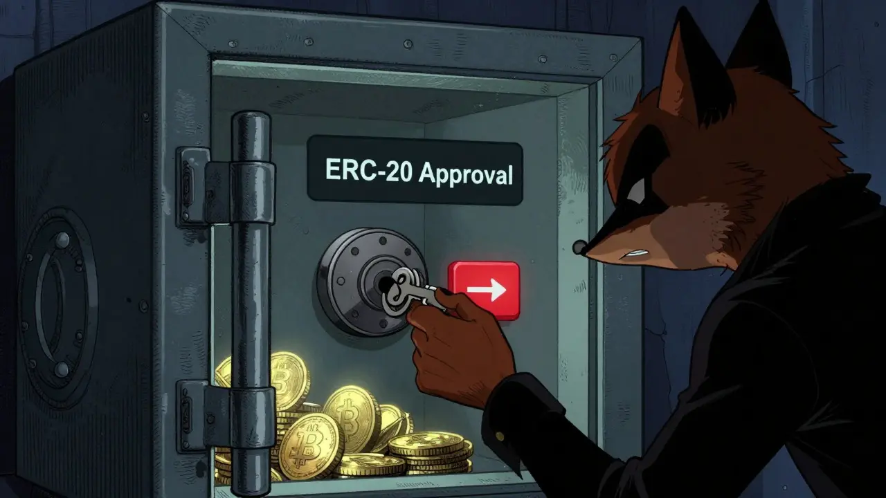 Cartoon fox sneaking key into digital wallet safe labeled ERC-20 Approval