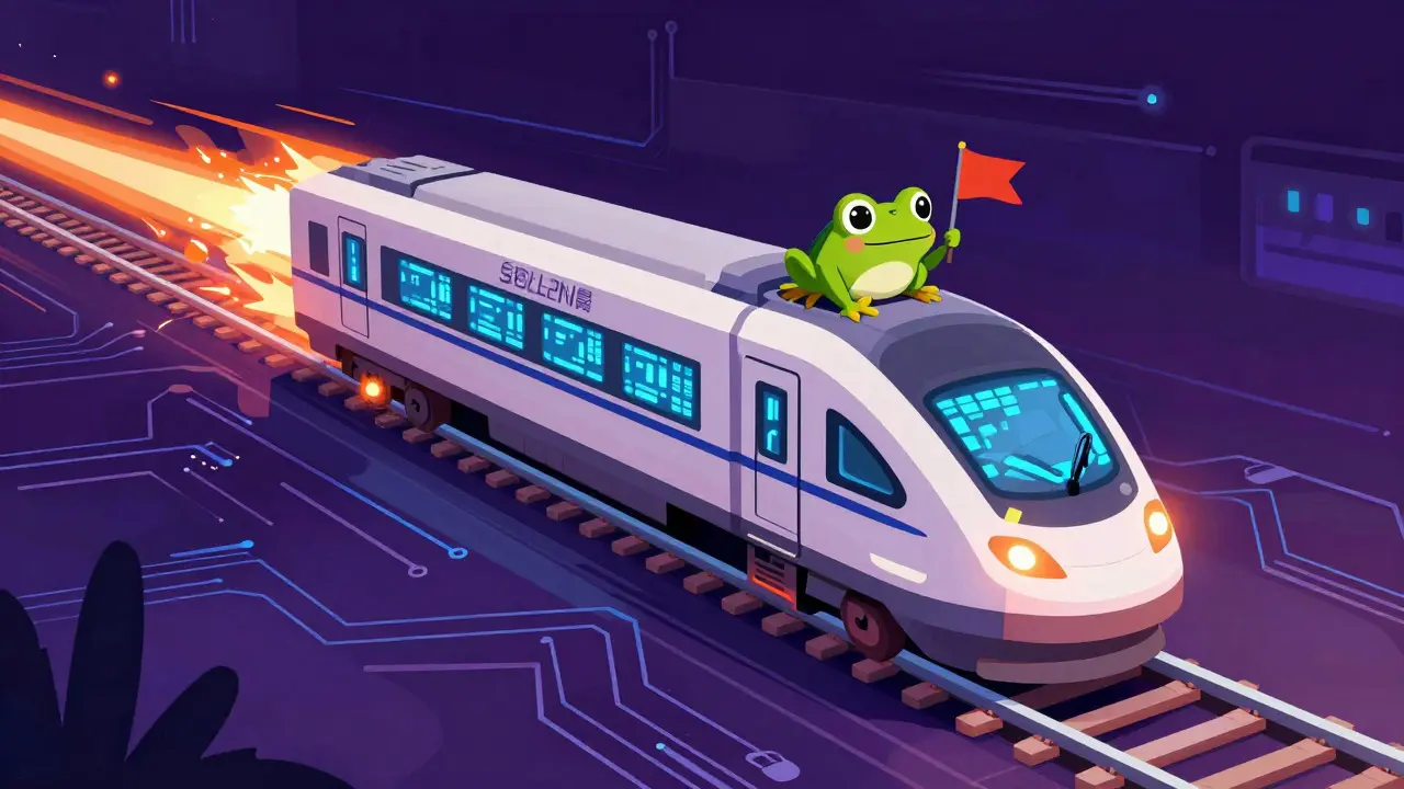 Cartoon frog riding a fast digital train representing Solana network speed