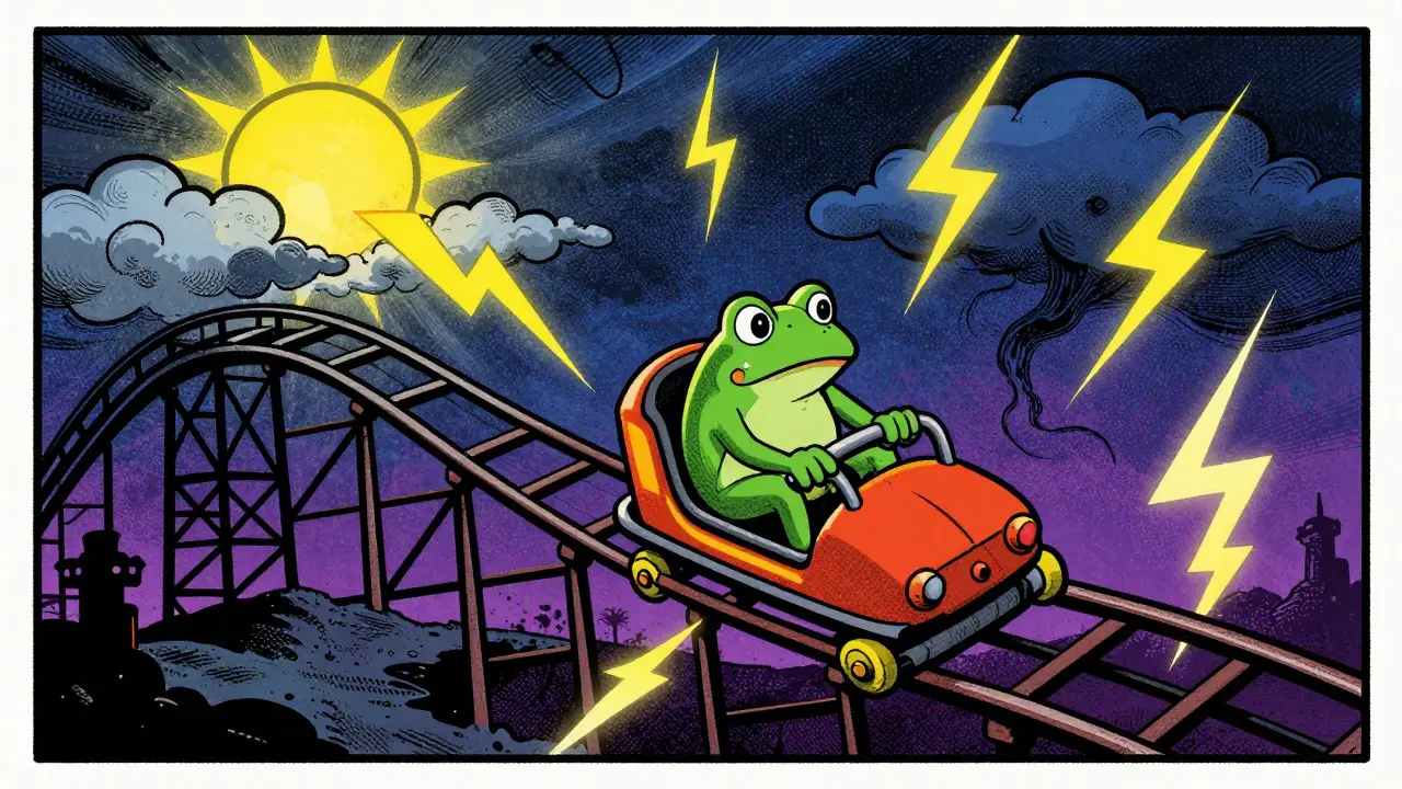Cartoon frog riding a volatile roller coaster under a stormy sky