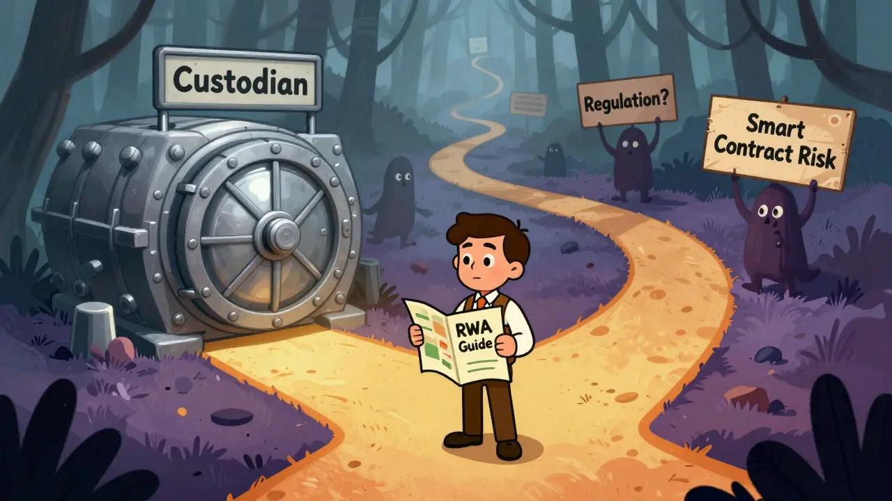 Cartoon investor choosing between safe vault and risky paths