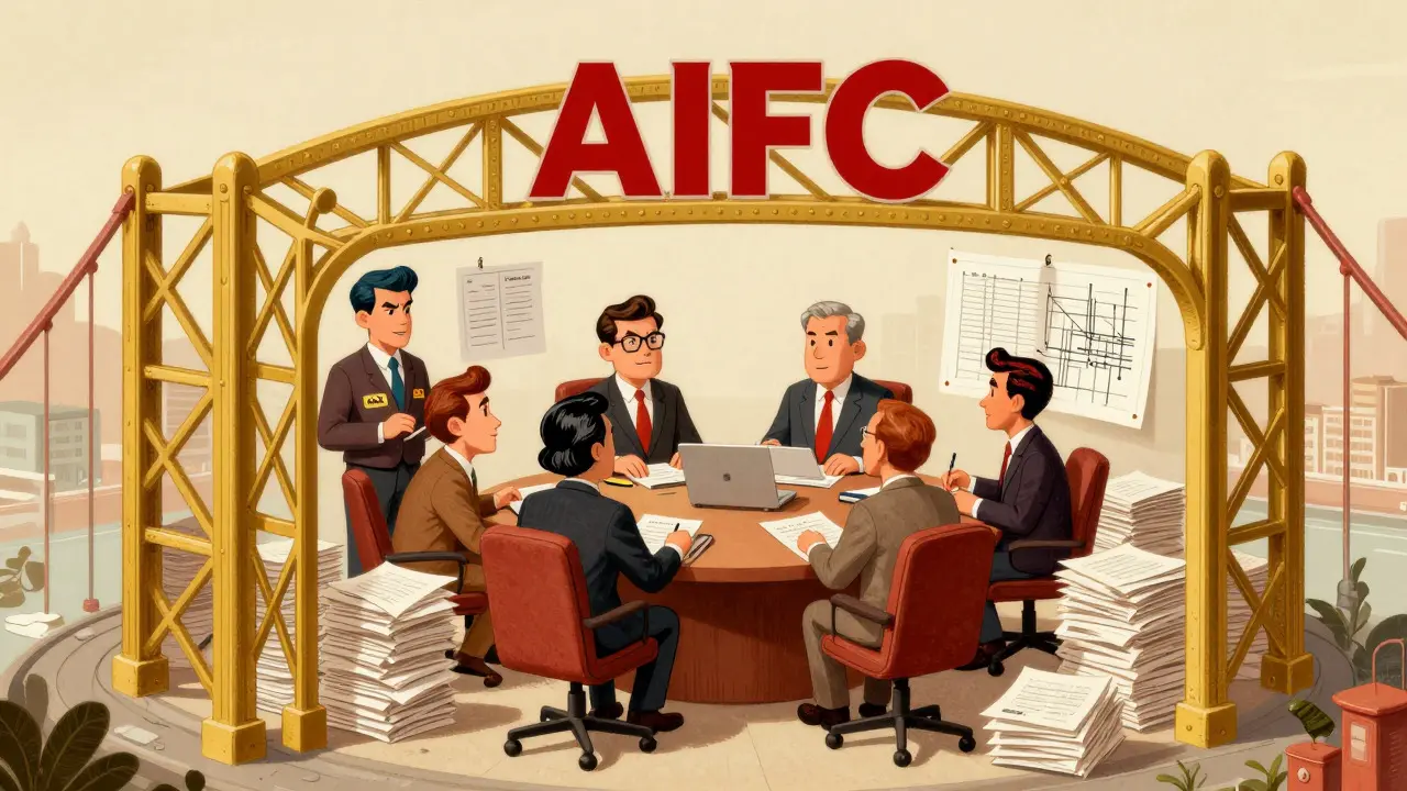 Cartoon of AIFC office with compliance staff and board