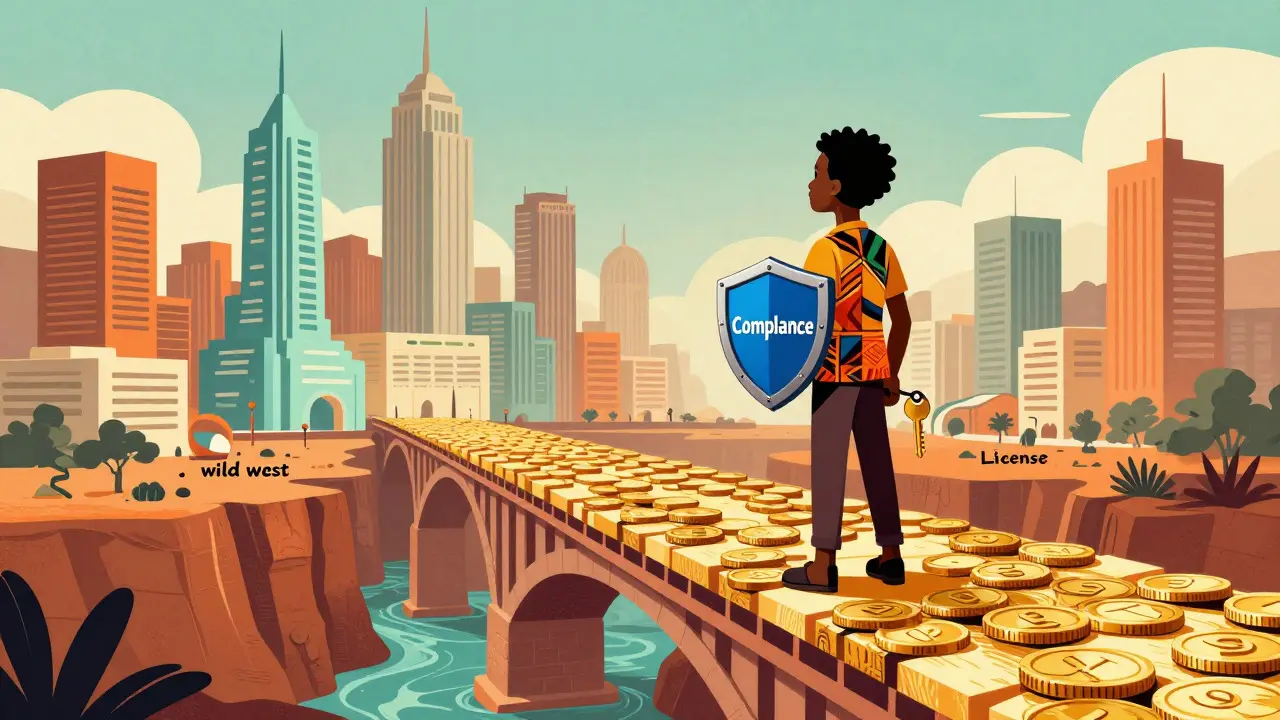 Cartoon of an entrepreneur crossing a compliance bridge toward a bright fintech future.