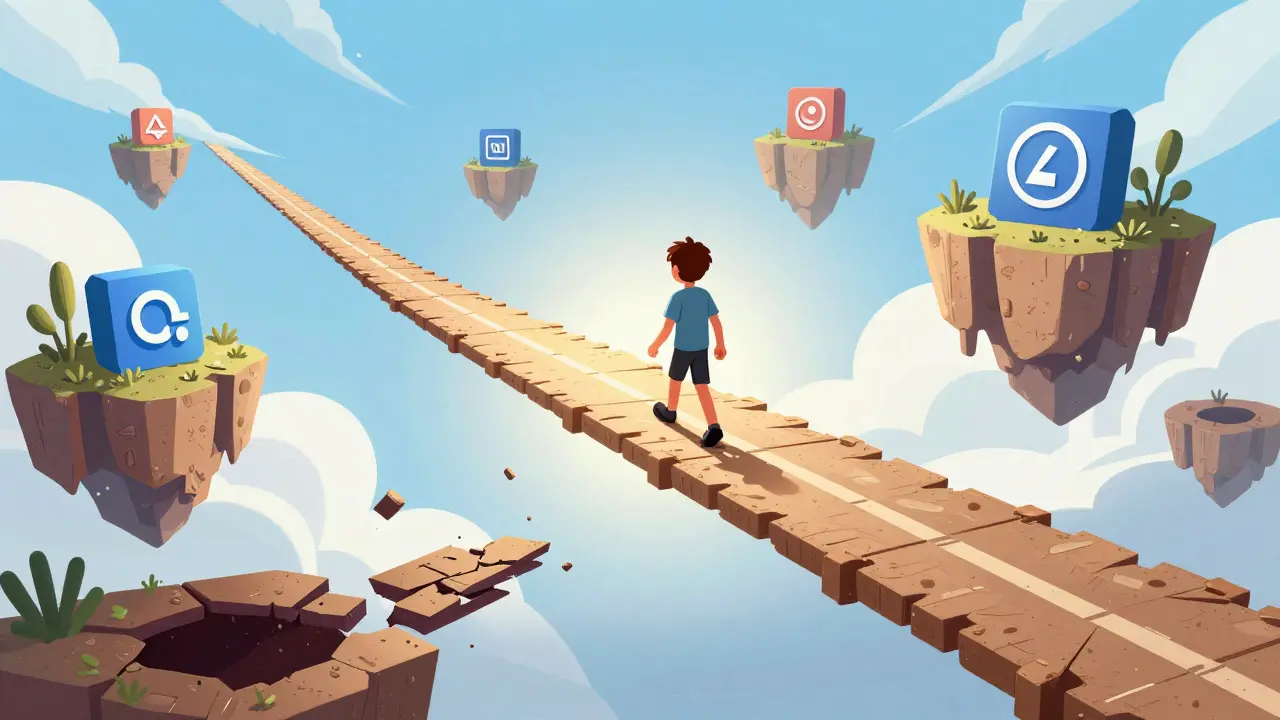Character walking across a safe bridge over a digital landscape with floating islands